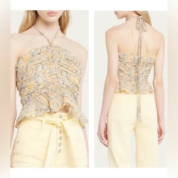 Veronica Beard Womens Arienne Yellow Blue Paisley Halter Top Sz 10 Peplum hem - Picture 2 of 7